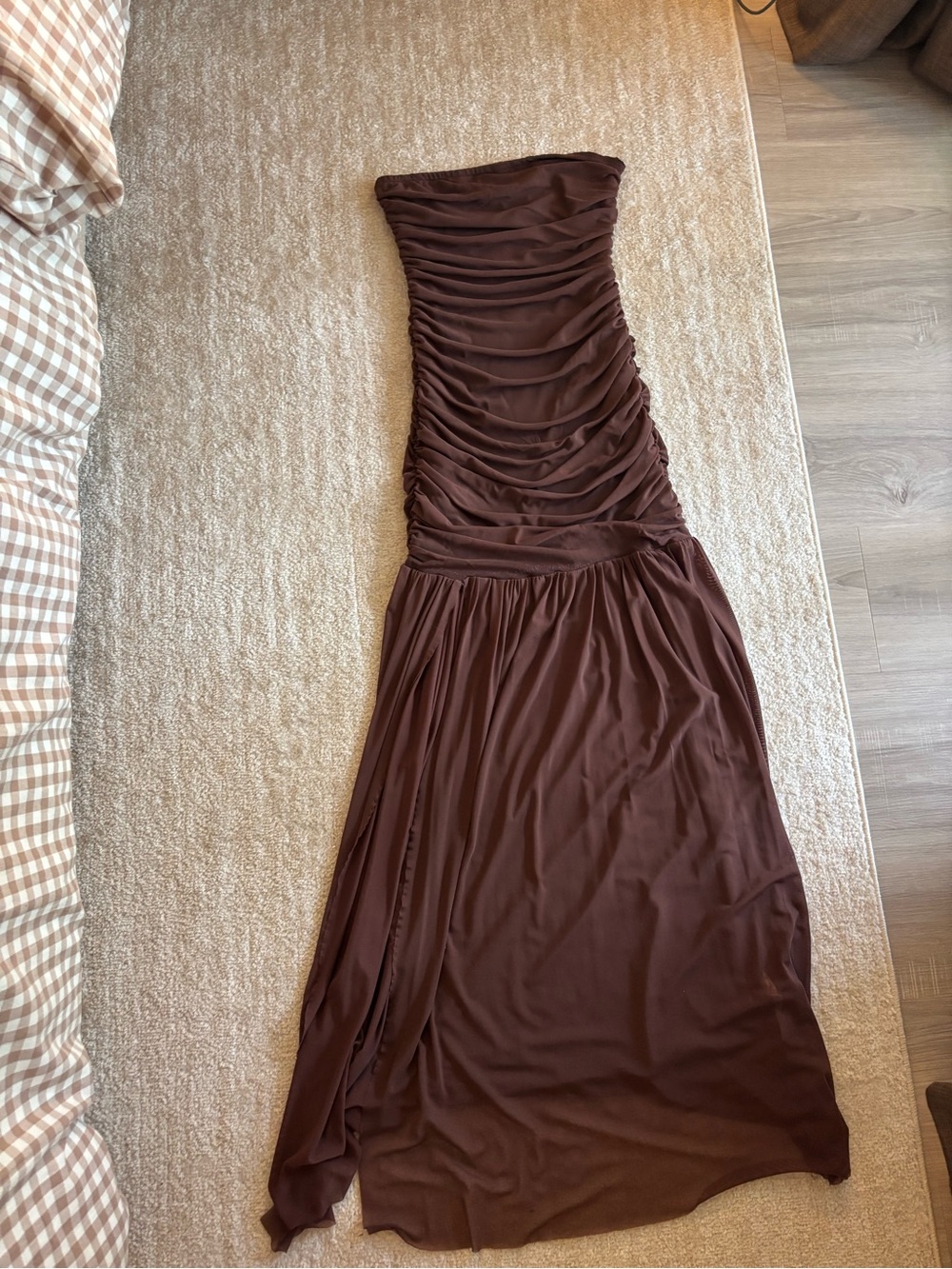 Strapless Ruched Maxi Dress in Chocolate Brown